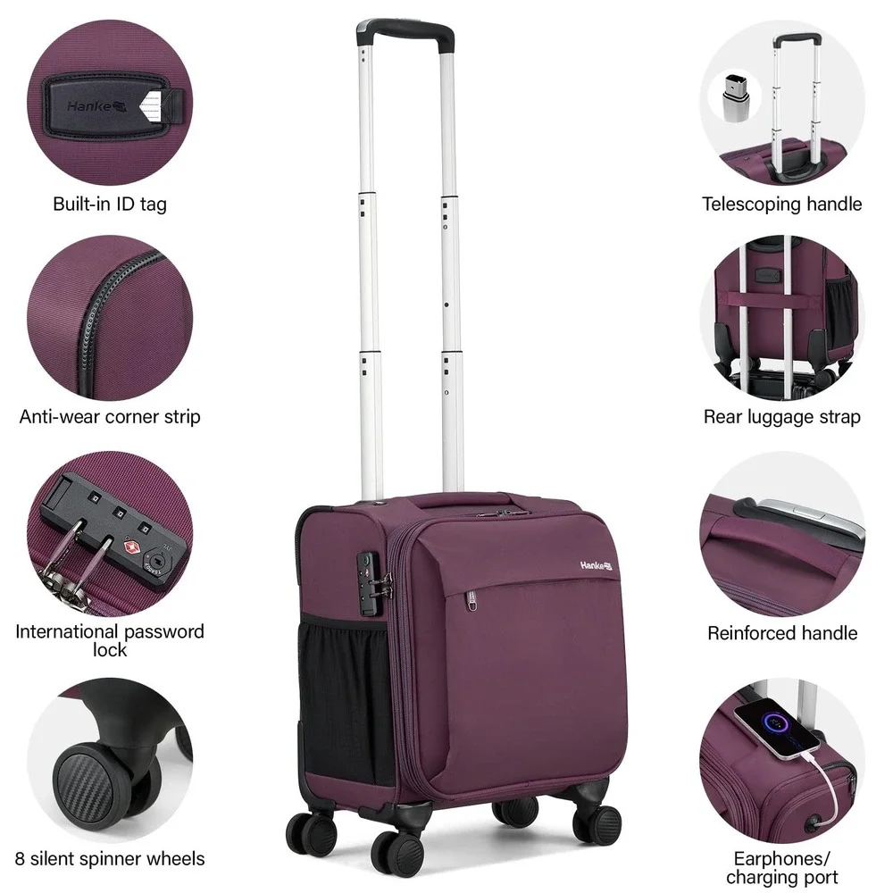 Hanke 16 Inch Underseat Carry On Luggage Purple Softside Spinner Wheels 8 lb